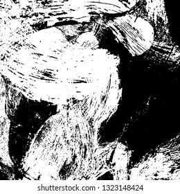 The texture of paint strokes with a dry brush. Grunge background black and white. Monochrome vintage surface in stains, dust and dirt. Gloomy pattern of scuffs, wear, cracks, chips