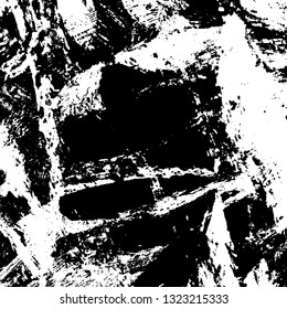 The texture of paint strokes with a dry brush. Grunge background black and white. Monochrome vintage surface in stains, dust and dirt. Gloomy pattern of scuffs, wear, cracks, chips
