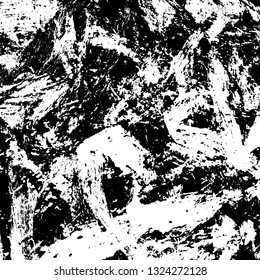 The texture of paint strokes with a dry brush. Grunge background black and white. Monochrome vintage surface in stains, dust and dirt. Gloomy pattern of scuffs, wear, cracks, chips