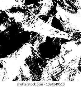 The texture of paint strokes with a dry brush. Grunge background black and white. Monochrome vintage surface in stains, dust and dirt. Gloomy pattern of scuffs, wear, cracks, chips
