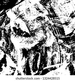 The texture of paint strokes with a dry brush. Grunge background black and white. Monochrome vintage surface in stains, dust and dirt. Gloomy pattern of scuffs, wear, cracks, chips