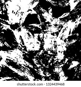 The texture of paint strokes with a dry brush. Grunge background black and white. Monochrome vintage surface in stains, dust and dirt. Gloomy pattern of scuffs, wear, cracks, chips