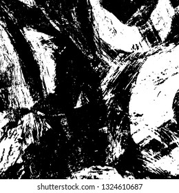 The texture of paint strokes with a dry brush. Grunge background black and white. Monochrome vintage surface in stains, dust and dirt. Gloomy pattern of scuffs, wear, cracks, chips