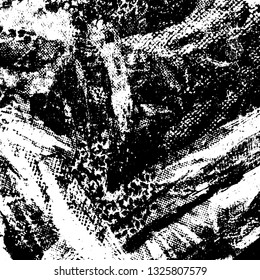 The texture of paint strokes with a dry brush. Grunge background black and white. Monochrome vintage surface in stains, dust and dirt. Gloomy pattern of scuffs, wear, cracks, chips