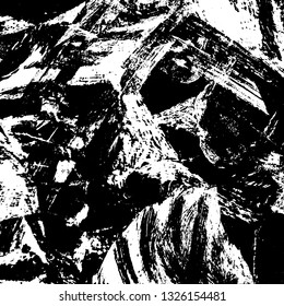 The texture of paint strokes with a dry brush. Grunge background black and white. Monochrome vintage surface in stains, dust and dirt. Gloomy pattern of scuffs, wear, cracks, chips