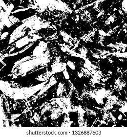 The texture of paint strokes with a dry brush. Grunge background black and white. Monochrome vintage surface in stains, dust and dirt. Gloomy pattern of scuffs, wear, cracks, chips
