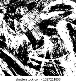 The texture of paint strokes with a dry brush. Grunge background black and white. Monochrome vintage surface in stains, dust and dirt. Gloomy pattern of scuffs, wear, cracks, chips