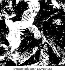 The texture of paint strokes with a dry brush. Grunge background black and white. Monochrome vintage surface in stains, dust and dirt. Gloomy pattern of scuffs, wear, cracks, chips