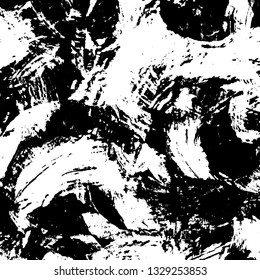 The texture of paint strokes with a dry brush. Grunge background black and white. Monochrome vintage surface in stains, dust and dirt. Gloomy pattern of scuffs, wear, cracks, chips