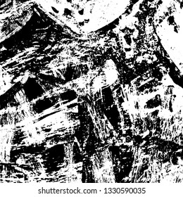 The texture of paint strokes with a dry brush. Grunge background black and white. Monochrome vintage surface in stains, dust and dirt. Gloomy pattern of scuffs, wear, cracks, chips