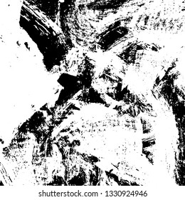 The texture of paint strokes with a dry brush. Grunge background black and white. Monochrome vintage surface in stains, dust and dirt. Gloomy pattern of scuffs, wear, cracks, chips
