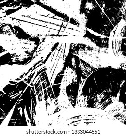 The texture of paint strokes with a dry brush. Grunge background black and white. Monochrome vintage surface in stains, dust and dirt. Gloomy pattern of scuffs, wear, cracks, chips