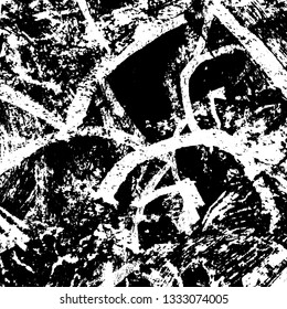 The texture of paint strokes with a dry brush. Grunge background black and white. Monochrome vintage surface in stains, dust and dirt. Gloomy pattern of scuffs, wear, cracks, chips