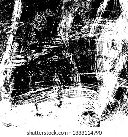 The texture of paint strokes with a dry brush. Grunge background black and white. Monochrome vintage surface in stains, dust and dirt. Gloomy pattern of scuffs, wear, cracks, chips