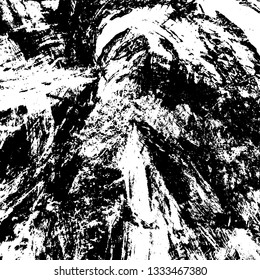 The texture of paint strokes with a dry brush. Grunge background black and white. Monochrome vintage surface in stains, dust and dirt. Gloomy pattern of scuffs, wear, cracks, chips