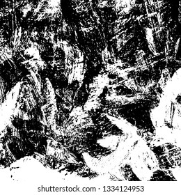 The texture of paint strokes with a dry brush. Grunge background black and white. Monochrome vintage surface in stains, dust and dirt. Gloomy pattern of scuffs, wear, cracks, chips