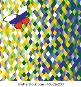 Texture painted in colors of Brazil flag with the Russian flag in the form of a butterfly