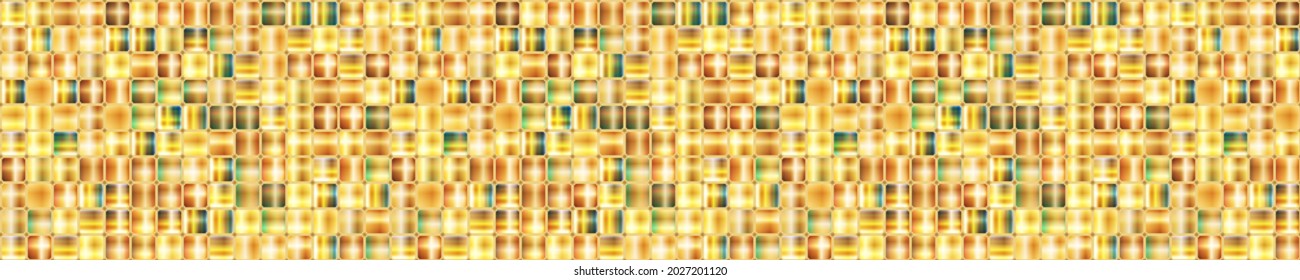 Texture panorama of golden gradient mosaic. Gold background banner panorama. Horizontal view for a glass panels - skinali. Concept design. Vector illustration.