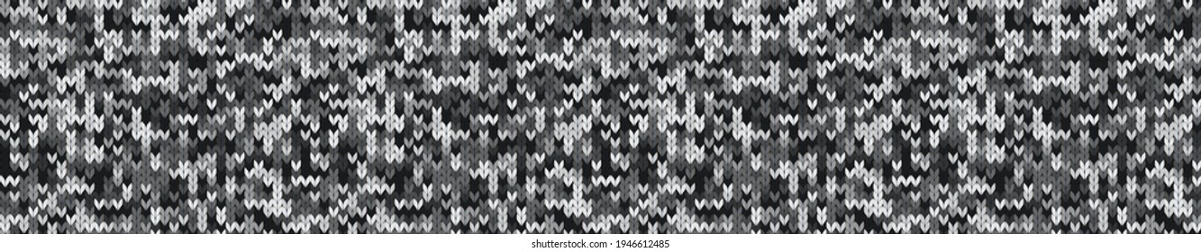 Texture panorama of gray knitted fabric. Textile background banner panorama. Flax bright cloth pattern with fiber. Vector illustration.