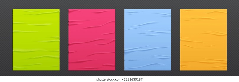 Textura de afiches de papel pegados en la pared. Traducción de pegatinas de papel con arrugas y pliegues aislados en un fondo transparente. Banderas A4 de color crudo, conjunto de vector realista