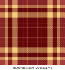 Texture pattern background of seamless fabric vector with a tartan check plaid textile in red and amber colors.