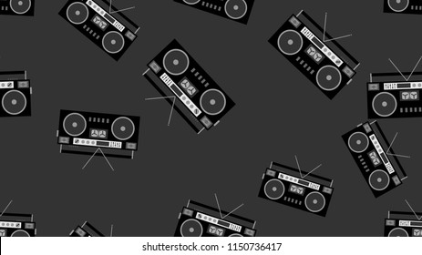 Texture pattern black and white seamless old retro antique vintage hipster musical audio recorder for film audio cassettes from the 80's, 90's. The background. Anecdotal illustration.