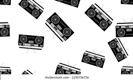 Texture pattern black and white seamless old retro antique vintage hipster musical audio recorder for film audio cassettes from the 80's, 90's. The background. Anecdotal illustration.