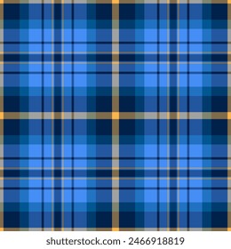 Texture pattern check of tartan fabric seamless with a background plaid vector textile in blue and amber colors.