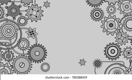 Texture of Pattern  with Cogs, Bolts and Gears. Black and white. Isolated on Gray background. Empty space for text