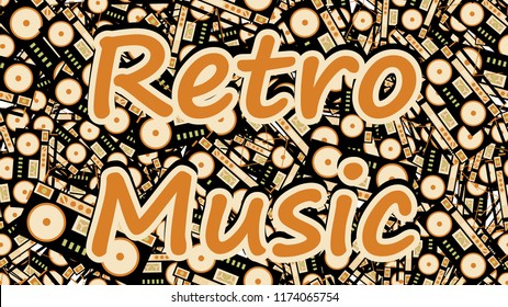 Texture pattern from old vintage retro hipster antique stylish musical tape recorder from the 70's, 80's, 90's and an inscription of retro music. The background. Vector illustration.