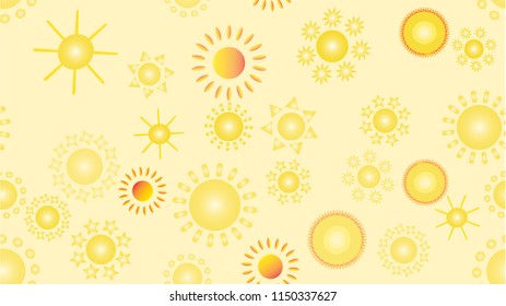 The texture of the pattern is seamless from a multitude of warm bright cheerful variegated beautiful hot suns of round with rays of different shapes. Vector illustration.