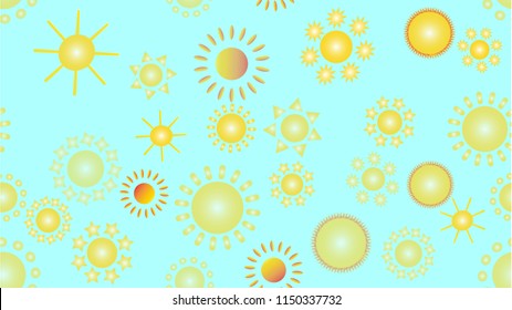 The texture of the pattern is seamless from a multitude of warm bright cheerful variegated beautiful hot suns of round with rays of different shapes. Vector illustration.
