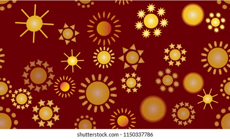 The texture of the pattern is seamless from a multitude of warm bright cheerful variegated beautiful hot suns of round with rays of different shapes. Vector illustration.