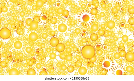 The texture of the pattern is seamless from a multitude of warm bright cheerful variegated beautiful hot suns of round with rays of different shapes. Vector illustration.