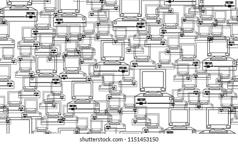 The texture pattern is seamless from old black and white retro hipster antique vintage computers with square monitors from the 80's 90's. The background. Vector illustration.