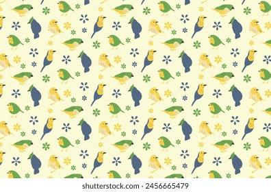 textura con patrón de variedad de aves y flores de diferentes colores sobre fondo amarillo