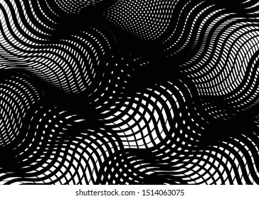 Texture, pattern with wavy, waving grid, mesh of lines. Billowy, zig-zag (criss-cross), undulating stripes, streaks. Abstract geometric background