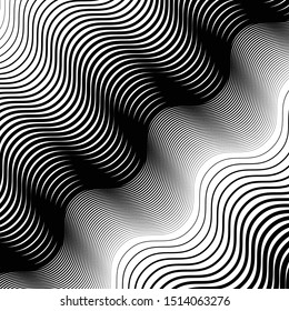 Texture, pattern with wavy, waving grid, mesh of lines. Billowy, zig-zag (criss-cross), undulating stripes, streaks. Abstract geometric background
