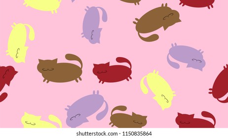 The texture is a patternless pattern with lots of multicolored silhouettes of abstract thick good kind cats with mustaches, short paws, ears and a tail. Vector illustration.