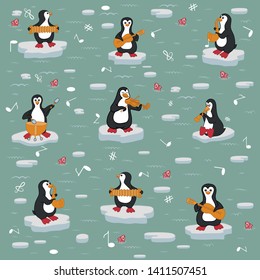 Texture. Penguin Orchestra. Penguins swim on ice and play musical instruments. Vector illustration.