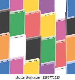 Texture with phones. Seamless texture with multi-colored phones. Isometric. Vector illustration.