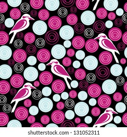 Texture with pink circles and birds. Pattern can be used for wallpaper, pattern fills, web page background,surface textures. Gorgeous seamless floral background
