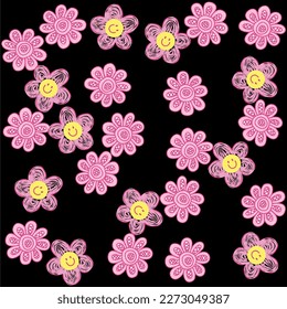textura flores rosadas e ilustración del vector emoji con fondo negro