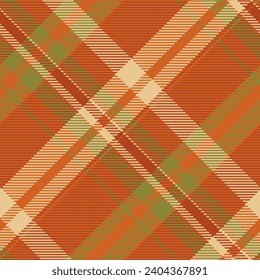 Texture plaid background of seamless tartan vector with a check fabric textile pattern in orange and amber colors.