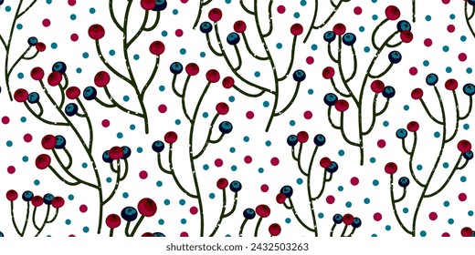 Texture plants, herbs, twigs with leaves. Plant organic pattern. Cartoon style. Hand drawn elements. Vector seamless overlapping pattern.
