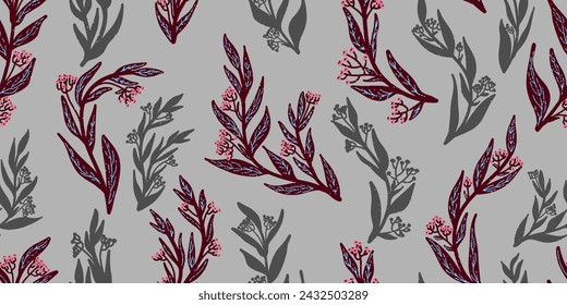 Texture plants, herbs, twigs with leaves. Plant organic pattern. Cartoon style. Hand drawn elements. Vector seamless overlapping pattern.