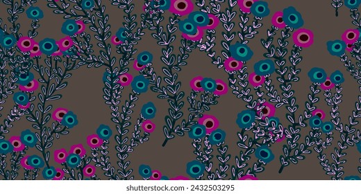 Texture plants, herbs, twigs with leaves. Plant organic pattern. Cartoon style. Hand drawn elements. Vector seamless overlapping pattern.
