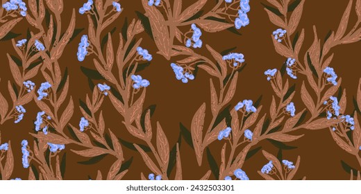 Texture plants, herbs, twigs with leaves. Plant organic pattern. Cartoon style. Hand drawn elements. Vector seamless overlapping pattern.