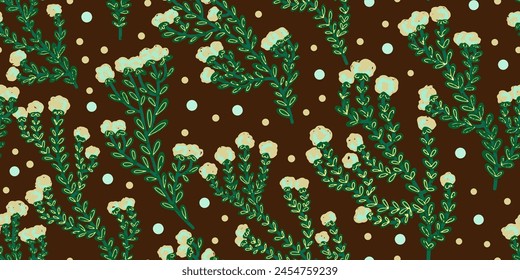 Textura de plantas, hierbas, ramas con hojas. Patrón orgánico de la planta. Estilo de dibujos animados. Elementos dibujados a mano. Vector patrón de solapamiento sin costuras.
