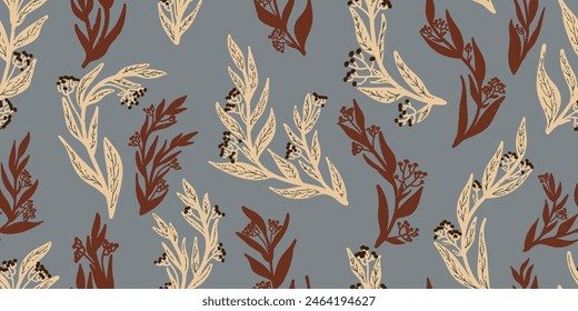 Texture plants, herbs, twigs with leaves. Plant organic pattern. Cartoon style. Hand drawn elements. Vector seamless overlapping pattern.